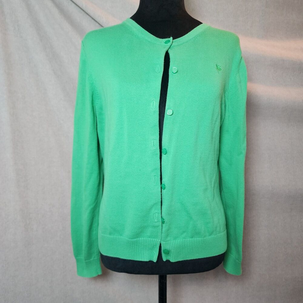Lilly Pulitzer Size L Green Button Front Cardigan Sweater Palm Tree Embroidered